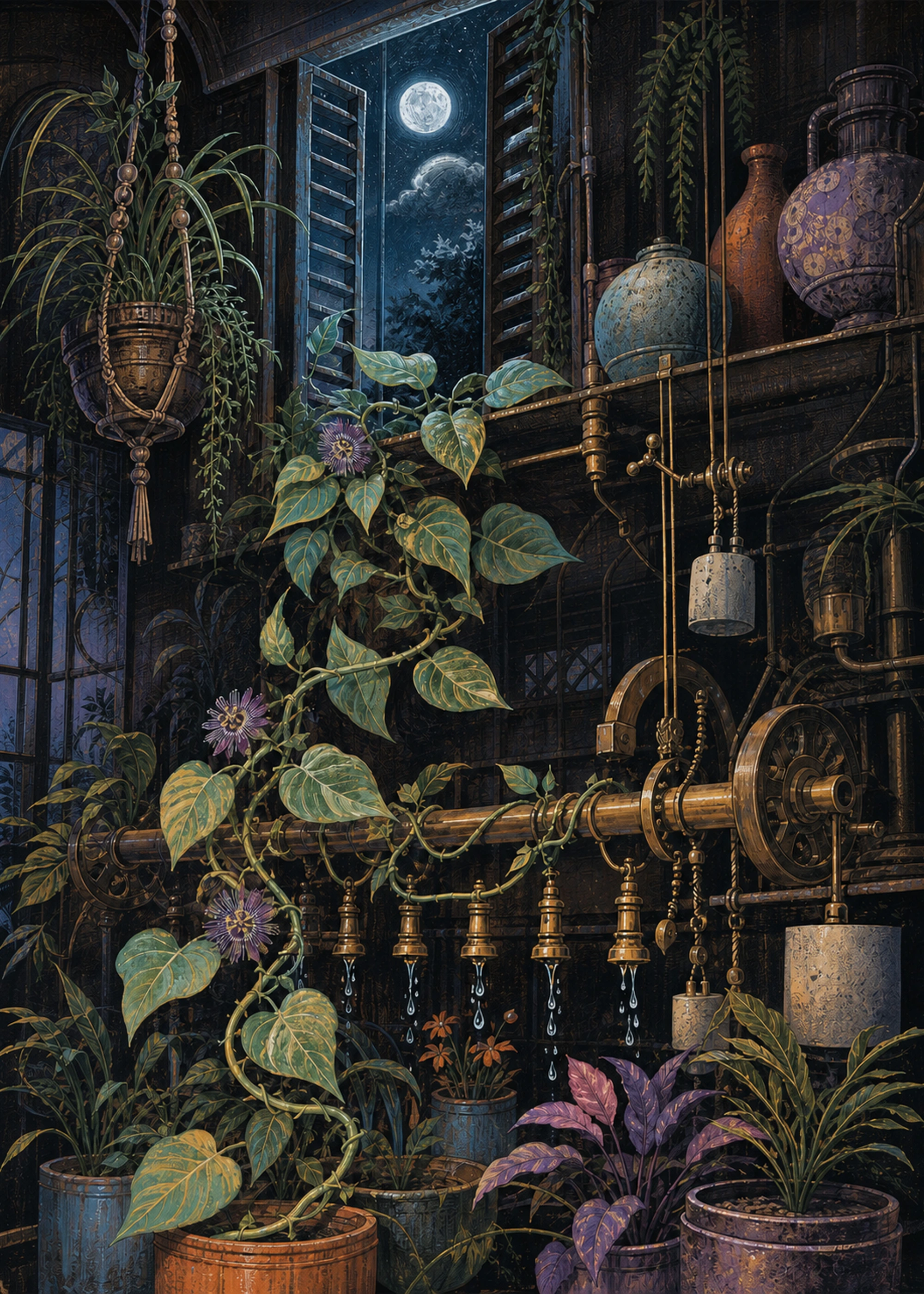 Houseplant Night Shift — Moonlit Proof — framed Soft Systems art print